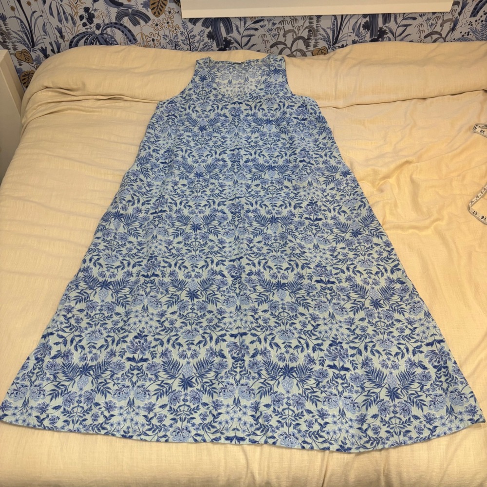 J. Jill Love Linen Blue Floral Pineapple Maxi Dress L Petite 100% Linen Pockets